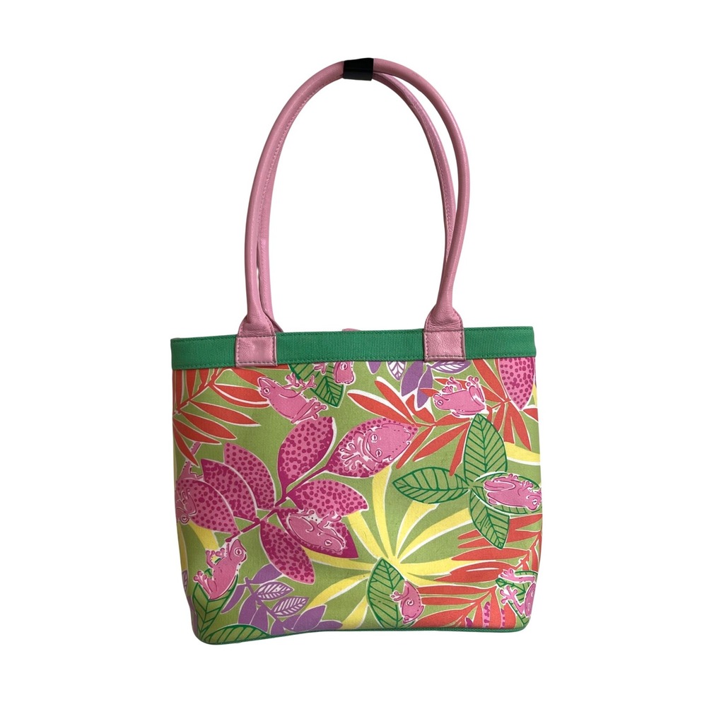 Lilly Pulitzer Tote Bag Women Medium Green Pink Tropical Frog Canvas Preppy Tote